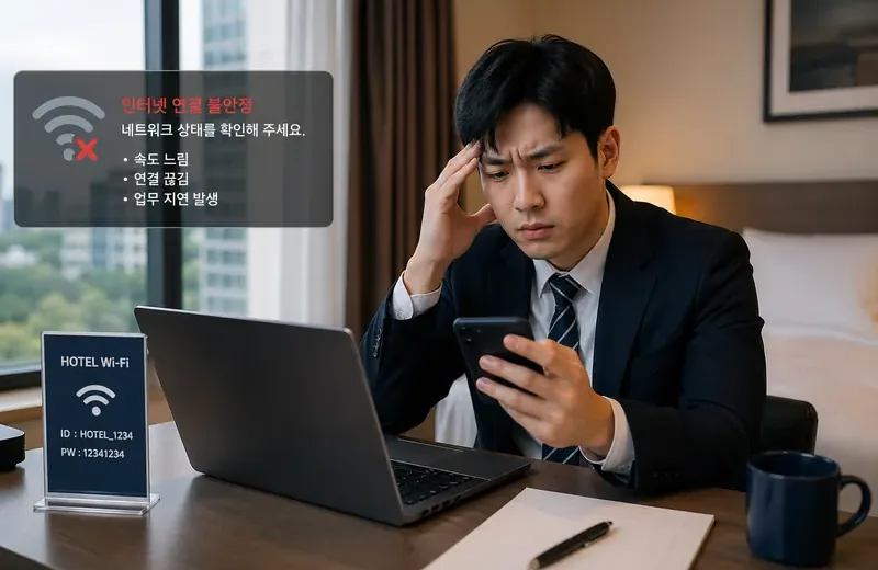 출장 중 임시 공간에서 노트북을 사용하는 환경 예시