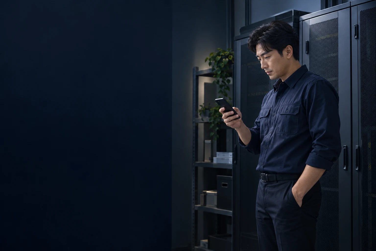 스마트폰으로 현장 장비를 확인하는 관리자와 통신 장비실