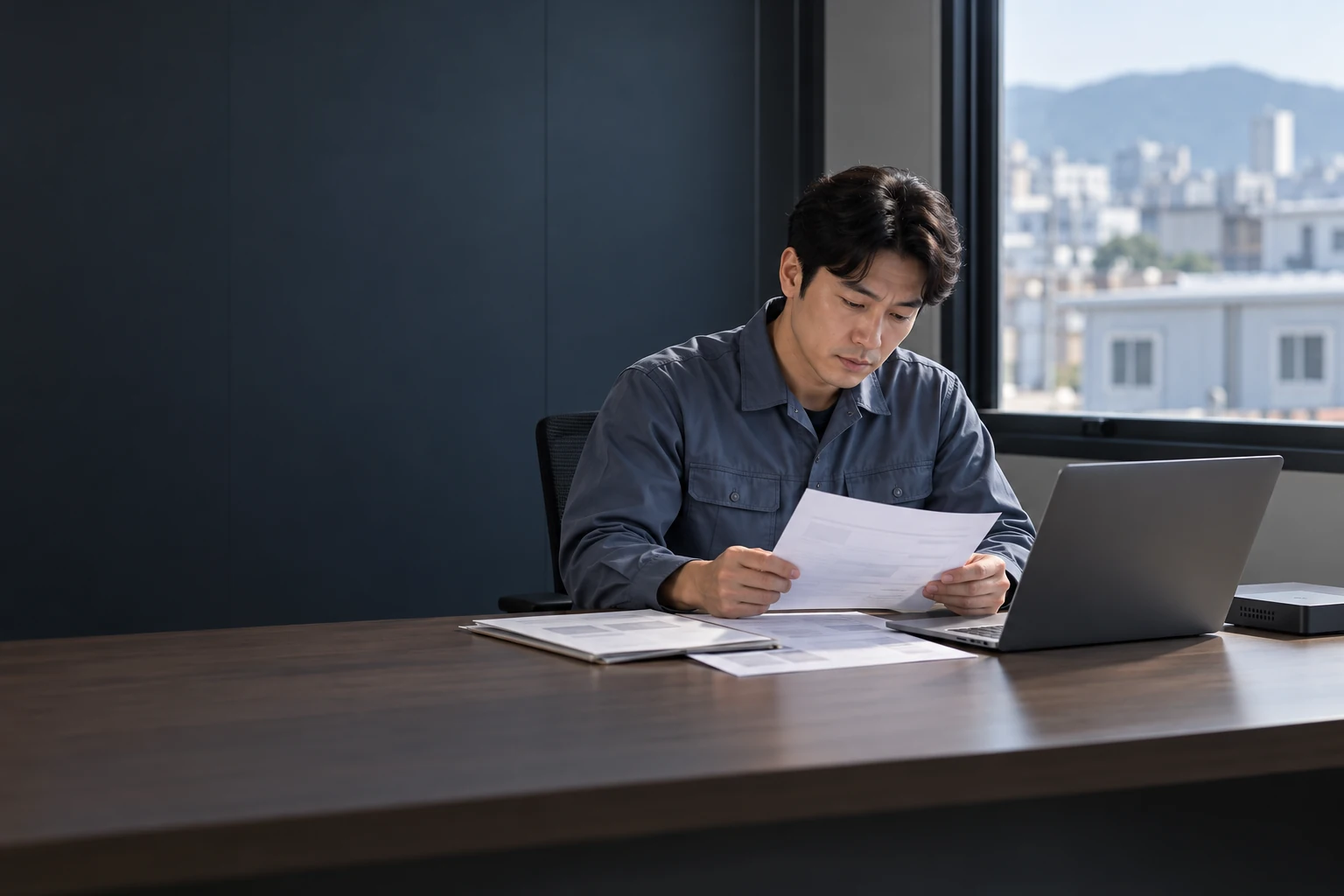 한국 현장 사무실에서 노트북과 청구 서류를 대조하는 담당자