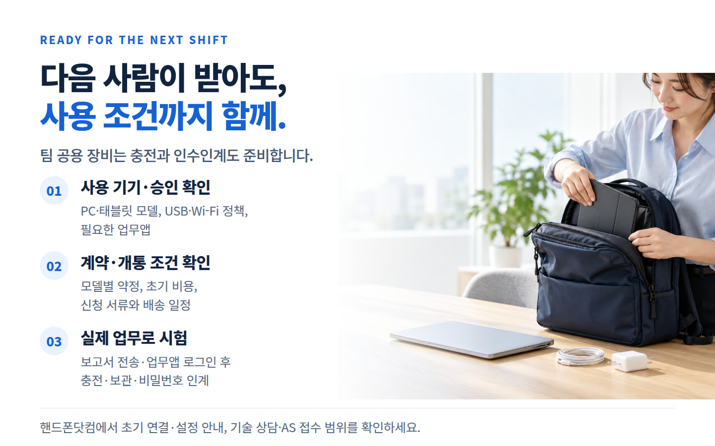 외근팀 공용 장비 인수인계 장면과 사용 기기·승인, 계약·개통 조건, 실제 업무 시험·충전·보관의 준비 순서